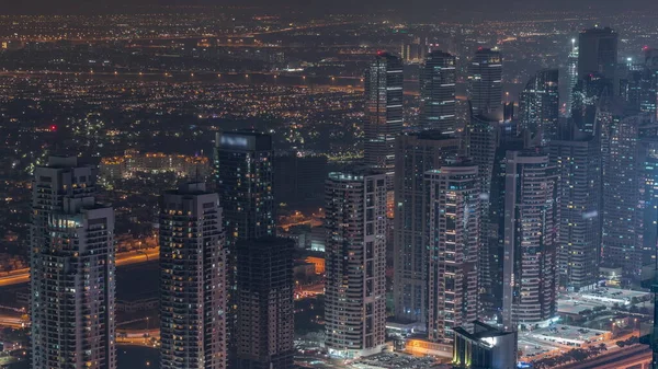 Jlt Felhőkarcolók Sheikh Zayed Road Éjszakai Légi Időzóna Közelében Lakóépületek — Stock Fotó