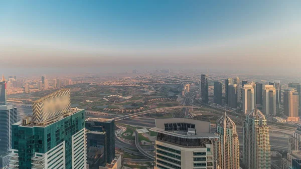 Panorama Dubai Marina Med Jlt Skyskrapor Och Golfbana Timelapse Solnedgången — Stockfoto