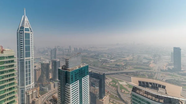Torn Täckt Sällsynt Tidig Morgon Vinter Dimma Ovanför Dubai Marina — Stockfoto