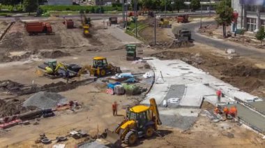 Excavator working on earthmoving at open pit mining in the city street timelapse.