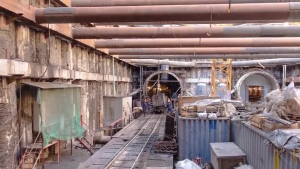A large huge ditch pit tunnel timelapse at the construction site of the underground metro station line. — Stock video