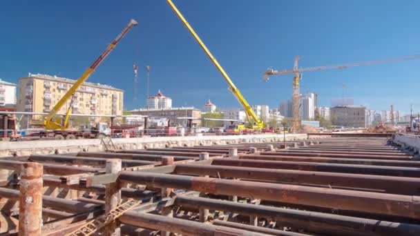 A large huge ditch pit tunnel timelapse at the construction site of the underground metro station line. — Wideo stockowe