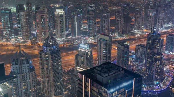 Dubai Marina Jlt Felhőkarcolók Keresztezték Egymást Zayed Sejk Road Night — Stock Fotó