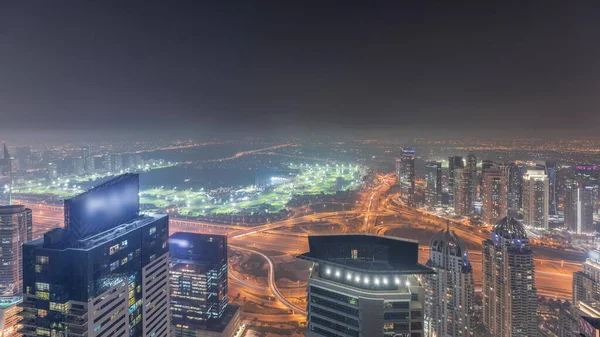 Panorama Dubai Marina Con Rascacielos Jlt Campo Golf Timelapse Noche — Foto de Stock