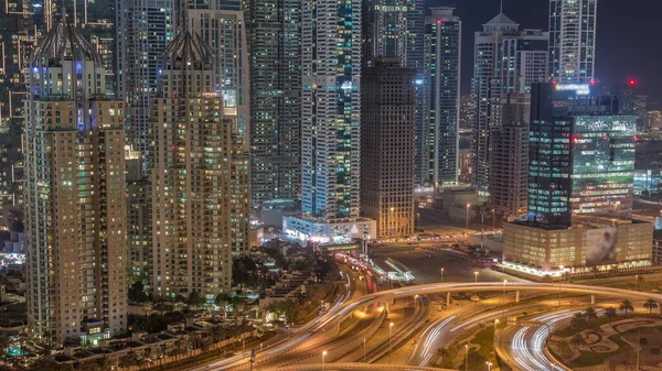 Dubai Marina Skrzyżowanie Autostrady Spaghetti Skrzyżowanie Noc Timelapse Oświetlone Najwyższe — Zdjęcie stockowe