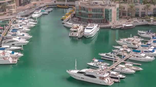 Barche di lusso e yacht attraccati a Dubai Marina timelapse aerea. — Video Stock