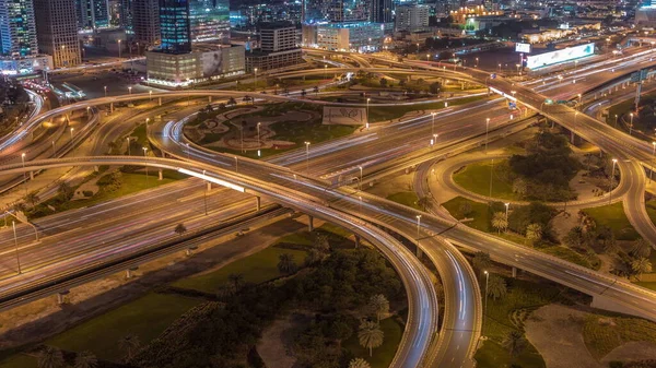 Aerial View Big Highway Intersection Night Timelapse Dubai Marina Media — Stock Photo, Image