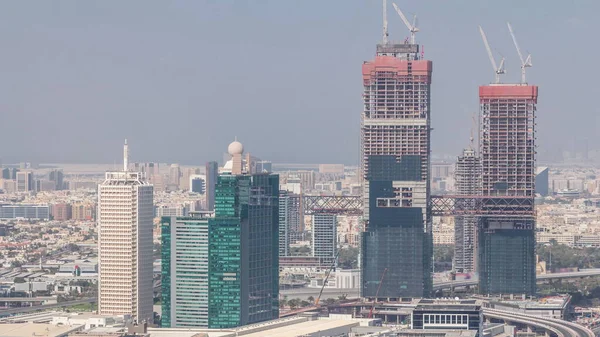 Légi Kilátás Felhőkarcolók World Trade Center Dubai Timelapse Ikertornyok Építkezése — Stock Fotó