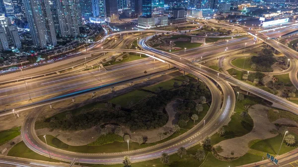 Aerial View Big Highway Intersection Night Timelapse Dubai Marina Skyscrapers — Stock Photo, Image