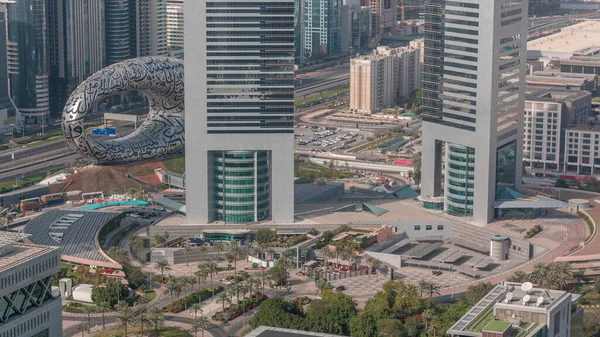 Emirates Towers Museum Future Sheikh Zayed Road Aerial Timelapse Skyscrapers — Stock Photo, Image