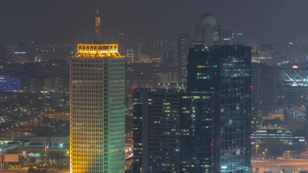 Vista Aérea Arranha Céus Iluminados Com Centro Comércio Mundial Dubai — Fotografia de Stock