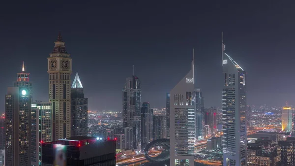 Skyscrapers Sheikh Zayed Road Difc Night Timelapse Dubai Uae Towers — Stock Photo, Image