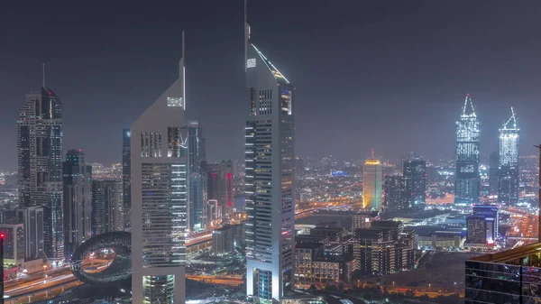 Het Uitzicht Emirates Towers Sheikh Zayed Weg Luchtfoto Nacht Timelapse — Stockfoto