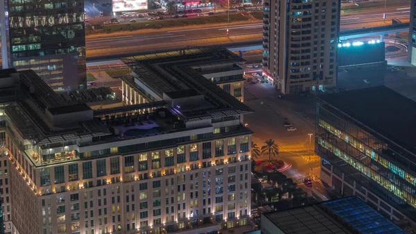 Готелі Офісні Будівлі Фінансового Району Дубаї Нічний Час Вікна Світяться — стокове фото