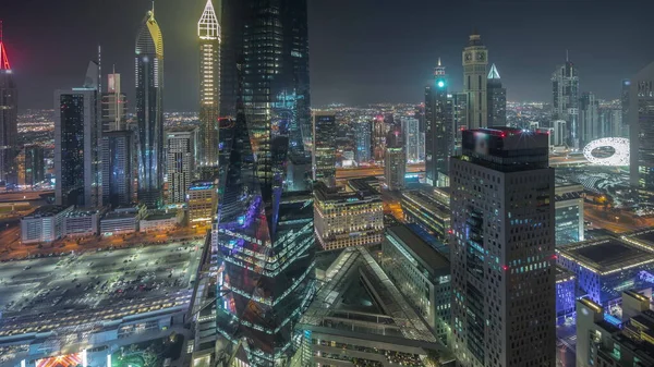Panorama Mostrando Rascacielos Futuristas Centro Negocios Del Distrito Financiero Dubai —  Fotos de Stock