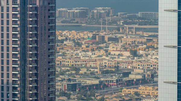 Aerial View Apartment Houses Villas Dubai City Timelapse Two Skyscrapers — Stock Photo, Image