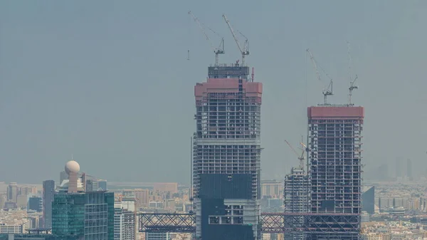 Cranes Working Modern Constraction Site Works New Skyscrapers Timelapse Fast — Stock Photo, Image