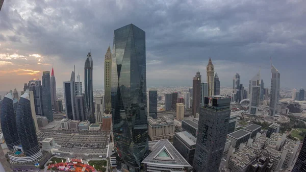 Панорама Футуристичних Хмарочосів Заходом Сонця Фінансовому Центрі Ділового Бізнесу Дубаї — стокове фото