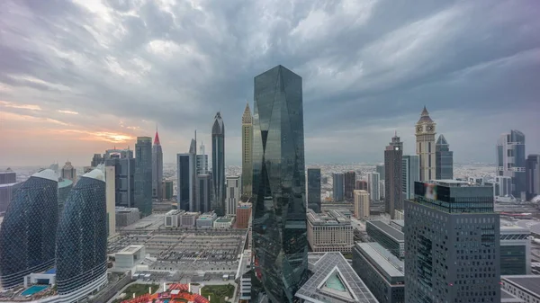 Panorama Futuristic Skyscrapers Sunset Financial District Business Center Dubai Sheikh — Stock Photo, Image