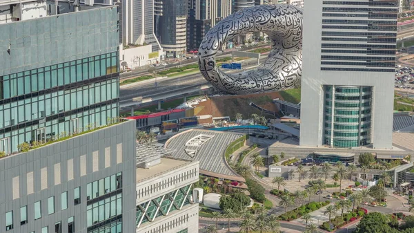 Dubajskie Muzeum Przyszłego Projektowania Zewnętrznego Anteny Timelapse Ultranowoczesny Design Tradycyjnymi — Zdjęcie stockowe