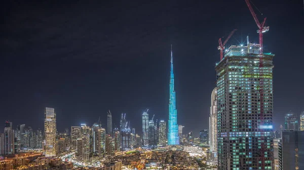 Dubai Downtown Νύχτα Timelapse Ψηλότερο Ουρανοξύστη Και Άλλους Φωτισμένους Πύργους — Φωτογραφία Αρχείου