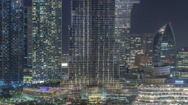 Cronómetro Nocturno Del Centro Dubái Con Rascacielos Más Altos Otras —  Fotos de Stock