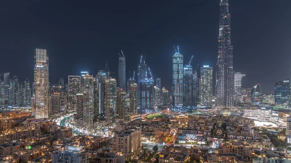 Dubai Downtown Night Timelapse Tallest Skyscraper Other Illuminated Towers View — стоковое фото