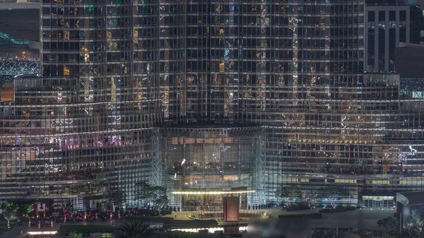 Dubai Fountain Antenn Natt Timelapse Ligger Konstgjord Sjö Centrum Entré — Stockfoto