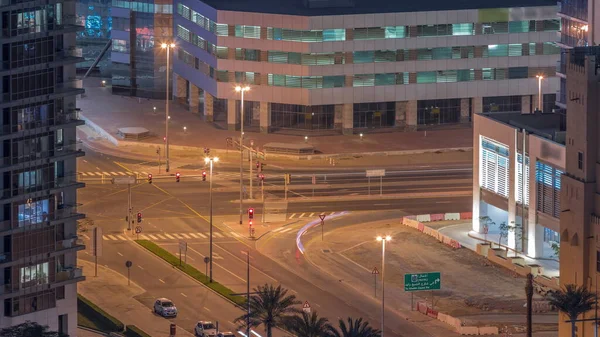 Повітряний Вид Перехрестя Багатьма Транспортами Трафік Стоянку Нічного Часу Дубаї — стокове фото
