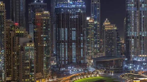 Futurisztikus Légi Éjszakai Városkép Időtáv Kivilágított Építészet Dubai Belvárosában Sok — Stock Fotó
