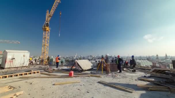 Steel bar rebar metal framework reinforcement for concrete at construction site timelapse. — Stockvideo