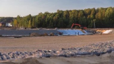 Panoramic landscape transform into urban area with machinery timelapse.