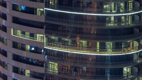 Big Glowing Windows Modern Residential Buildings Timelapse Night Rows Windows — Stock Photo, Image