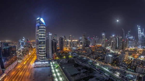 Panorama Över Dubais Affärscenter Och Torn Centrum Hela Natten Antennen — Stockfoto