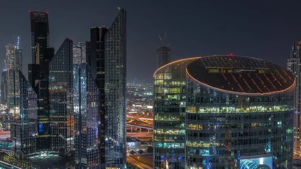 Dubai Centro Financiero Internacional Rascacielos Antena Noche Timelapse Torres Iluminadas — Foto de Stock
