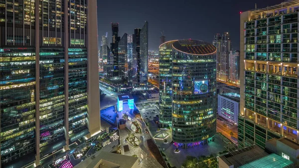 Dubai International Financial Center Skyscrapers Promenade Gate Avenue Aerial Night — Stock Photo, Image