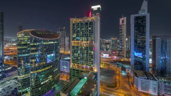 Dubai Nemzetközi Pénzügyi Központ Felhőkarcolók Légi Éjszakai Időbeosztás Világított Tornyok — Stock Fotó