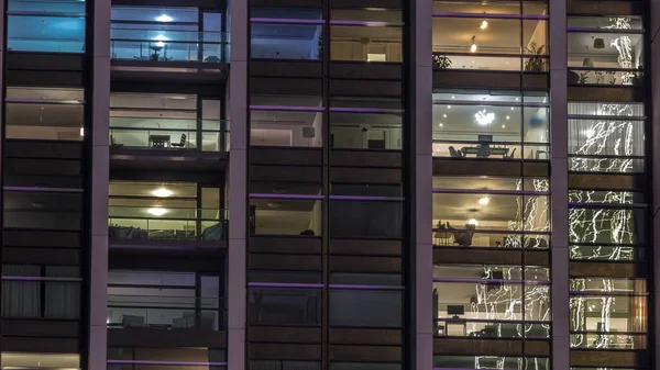 Big Glowing Windows Modern Office Residential Buildings Timelapse Night Rows — Stock Photo, Image