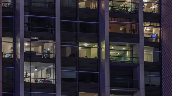 Big Glowing Windows Modern Office Residential Buildings Timelapse Night Rows — Stock Photo, Image