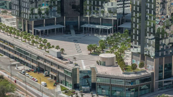 Сад Пальмами Біля Входу Офісних Веж Фінансовому Районі Дубай Повітряний — стокове фото