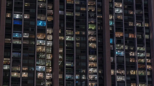 Big Glowing Windows Modern Office Residential Buildings Timelapse Night Rows — Stock Photo, Image