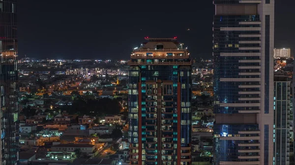 Glowing Windows Towers Villa Houses Background Aerial Night Timelapse View — Stock Photo, Image