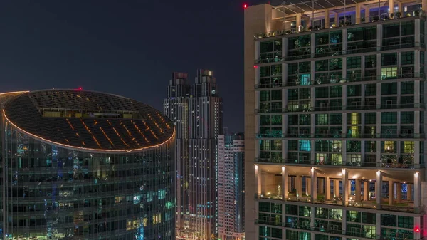 Dubai Nemzetközi Pénzügyi Központ Felhőkarcolók Légi Éjszakai Időbeosztás Világító Tornyok — Stock Fotó