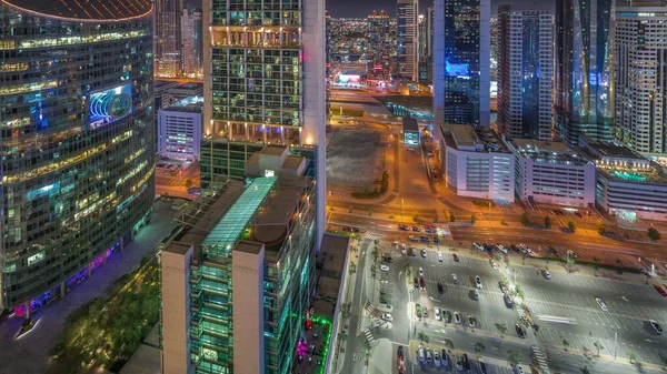 Die Wolkenkratzer Des Internationalen Finanzzentrums Dubai Verstreichen Zeitraffer Beleuchtete Bürotürme — Stockfoto