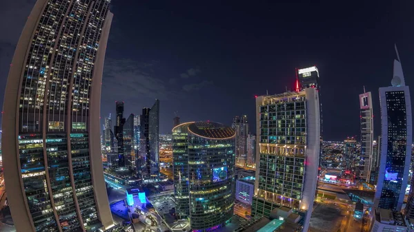 Panoráma Dubai Nemzetközi Pénzügyi Központ Felhőkarcolók Légi Éjszakai Időtöltés Kapu — Stock Fotó