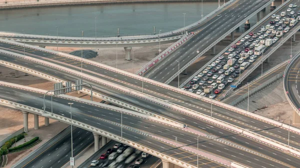 Ovanifrån Stadstrafik Korsning Med Bro Över Kanalen Business Bay Timelapse — Stockfoto