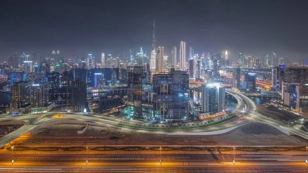 Πανοραμική Ορίζοντα Του Ντουμπάι Επιχειρηματικό Κόλπο Και Downtown Περιοχή Timelapse — Φωτογραφία Αρχείου