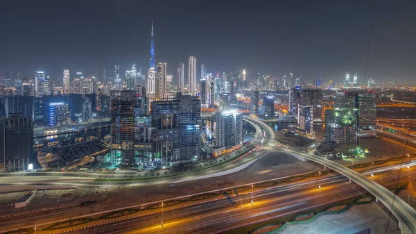 Dubai Nin Panoramik Silueti Sahası Şehir Merkezi Gece Zaman Çizelgesi — Stok fotoğraf