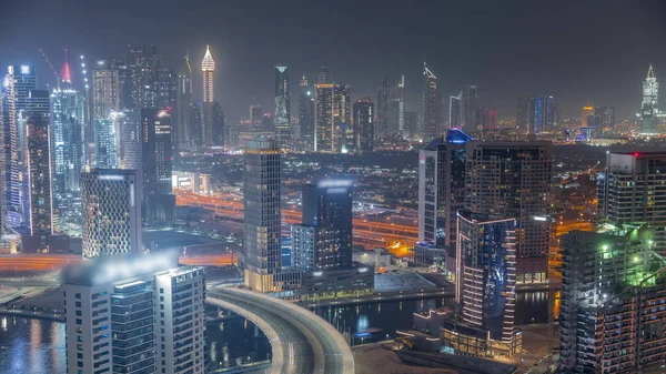 Skyline Med Modern Arkitektur Dubai Business Bay Och Finansdistrikt Upplysta — Stockfoto