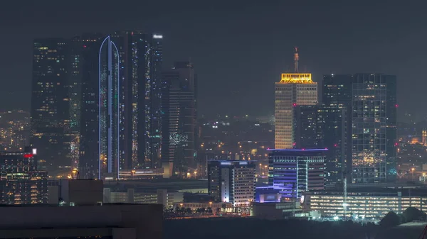 Linhas Arranha Céus Distrito Financeiro Dubai Linha Aérea Noite Timelapse — Fotografia de Stock